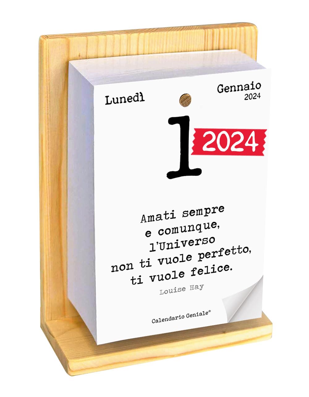 Calendario Geniale 2024. The Original. Organic Natural Fir Wood Stand. Gift Idea. The First with Digital Bonuses. Read a Phrase and Philosophical Thought Every Day. Calendar with Box