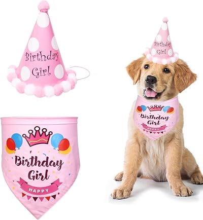 SUOXU Dog Birthday Bandana with Cute Party Hat Cotton Triangle Scarf Gift Set