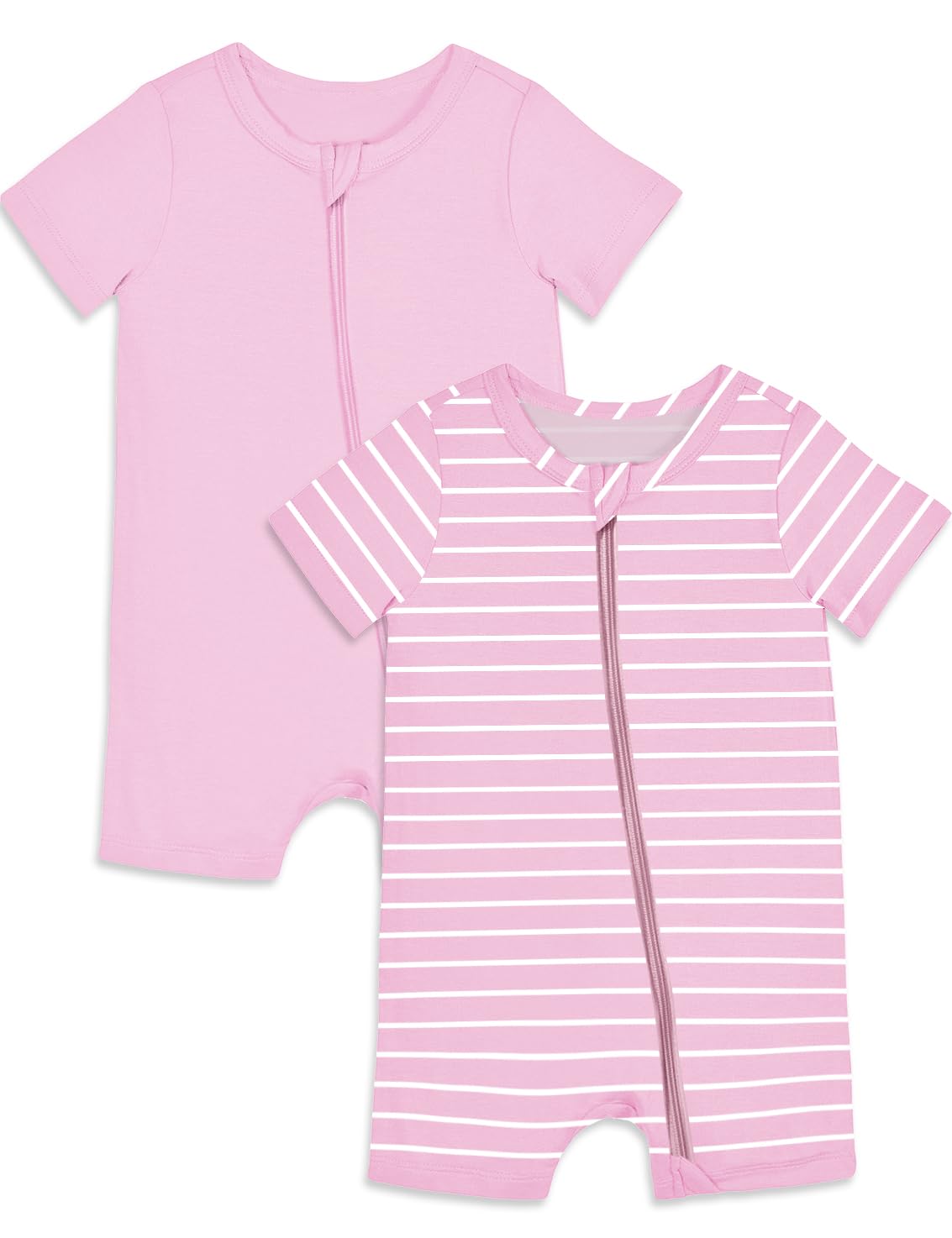 Photo 1 of Jimonda Baby Rompers Cotton Baby Boys Baby Girls Short Sleeve Sleepers Pjs Two Way Zipper One-piece Neutral Sleep and Play(Pink&streaks,6-9 Months)