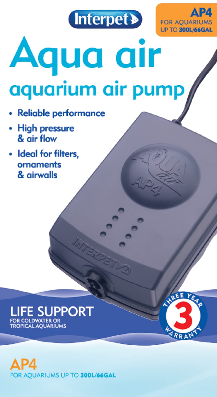 Interpet Aqua Air Oxygen Pump for Aquarium Fish Tank Aeration, Quiet, Powerful, 2 Outlets, AP4 for Aquariums 150+ Litre