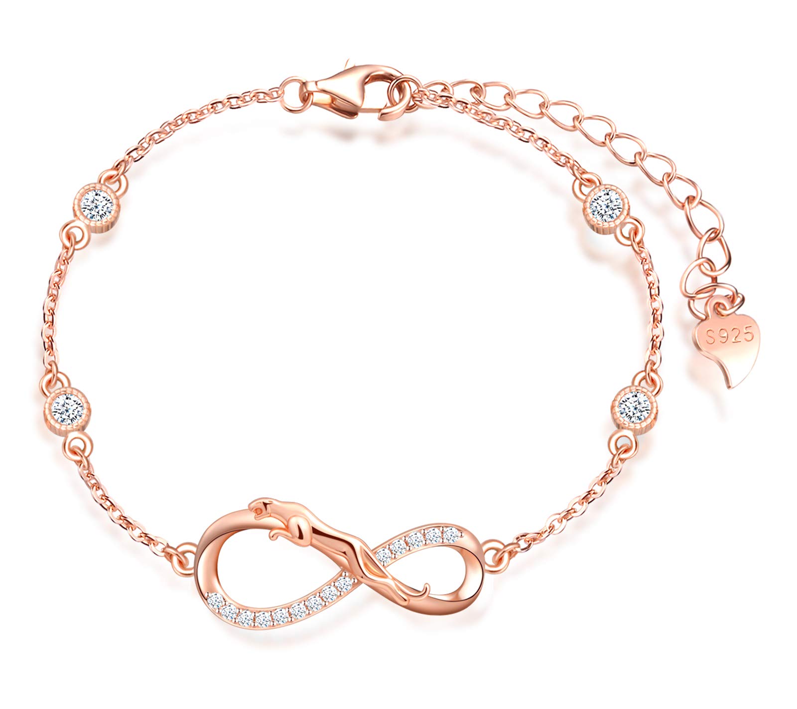 MicLee Woman's girl's Bracelet, 925 Sterling Silver bracelet, Leopard and infinity symbol bracelet, Inlaid with zircon, adjustable chain, Unique design animal bracelet, rose gold
