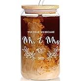 Pfkfo Wedding Gifts for Couples 2025 - Mr and Mrs 16oz Glass Cup With Lid and Straw, Newlywed Gift, Bridal Shower, Just Married Ornaments
