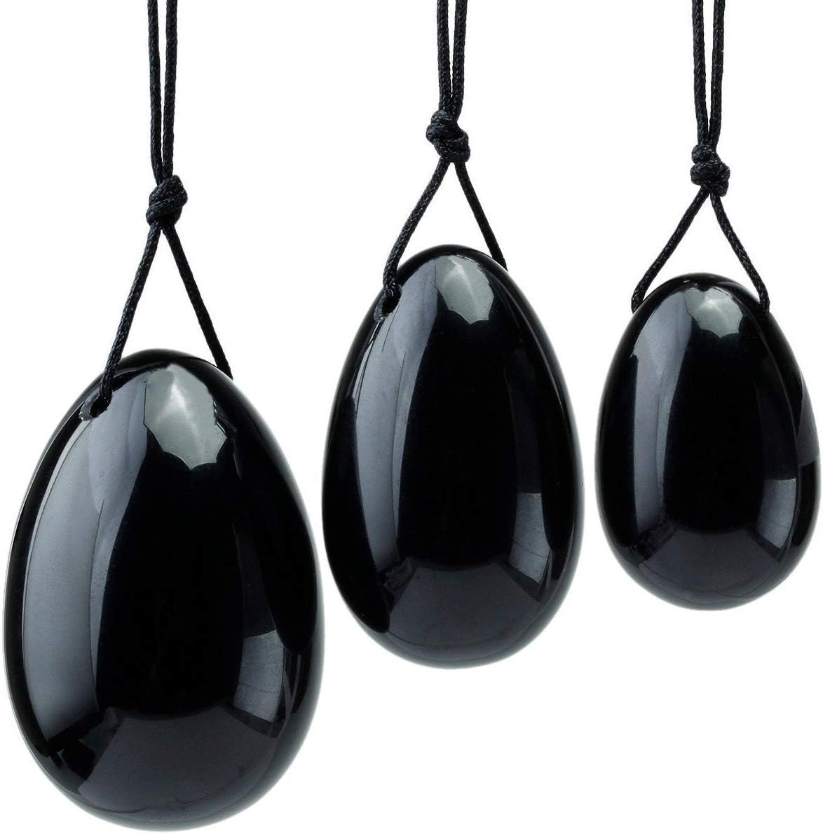 Samgems 3pcs Set Jade Eggs, Natural drilled Black Obsidian Jade Yoni Egg for Women Exercise Pelvic Floor Muscles Balls
