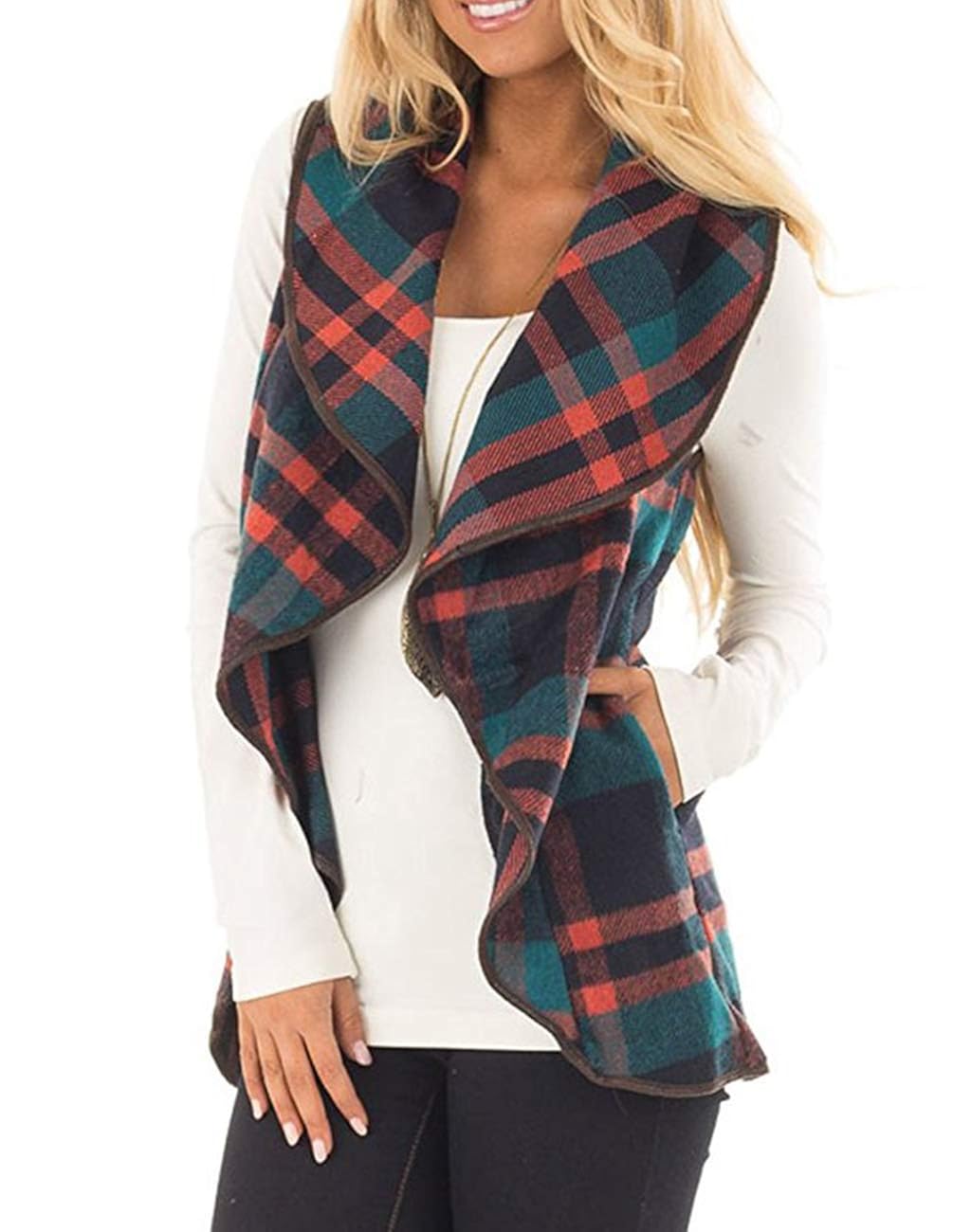 Front Sleeveless Plaid Vest Cardigan 