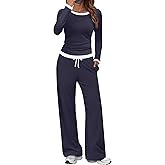 SHESHOW Women 2 Piece Outfits Long Sleeve Tops Wide Leg Pants Casual Matching Lounge Sets for Women XS-XXL