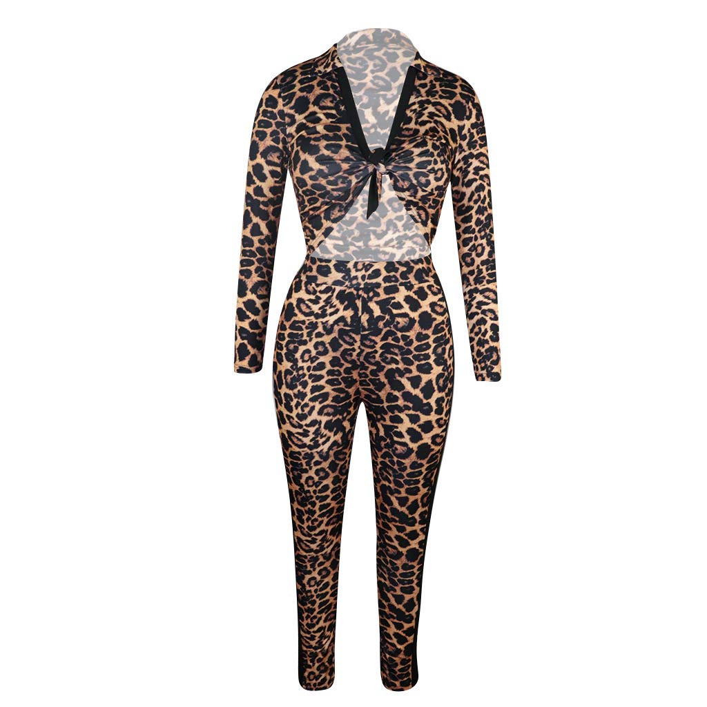 Two Piece Outfits for Women Clubwear - Sexy Leopard Print Long Sleeve Crop Top and Bodycon Pants Set Jumpsuit