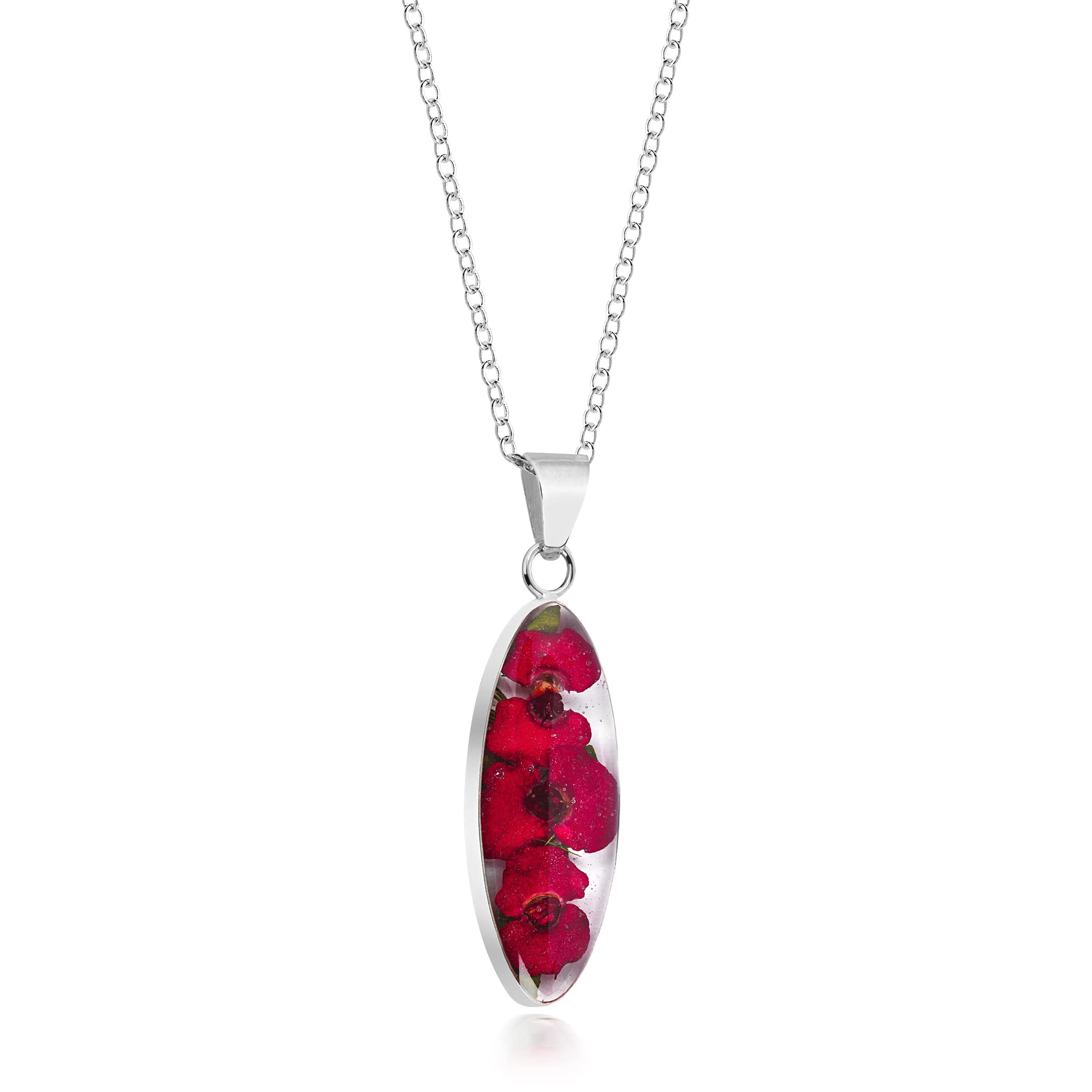Natural Flower Jewellery Sterling Silver Oval Drop Pendant Made With Real Poppies