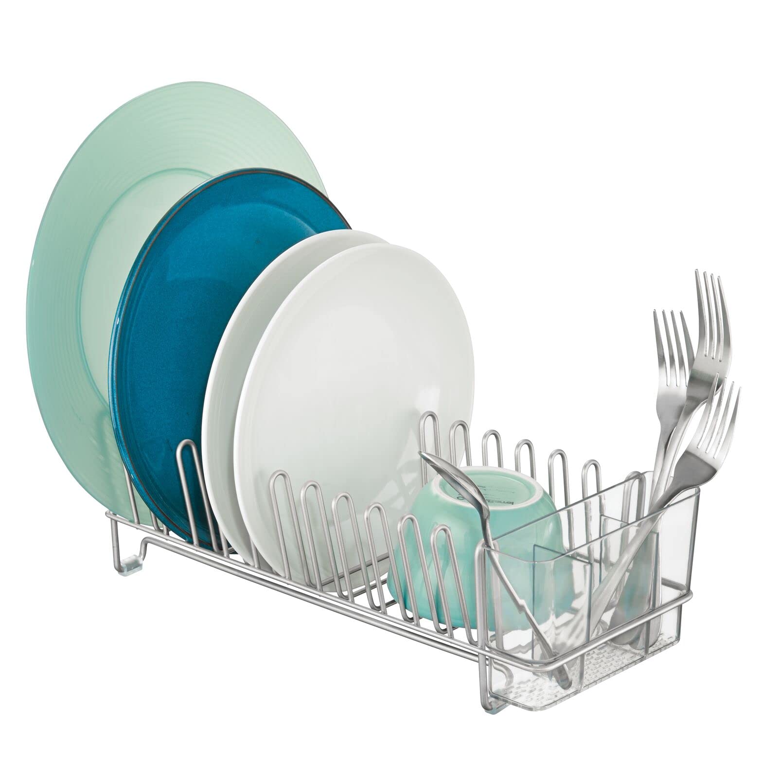 mDesign Kitchen Sink Dish Drainer – Small Metal and Plastic Dish Rack for Kitchen Sink – Ideal for Plates and Cutlery Basket – Chrome/Clear