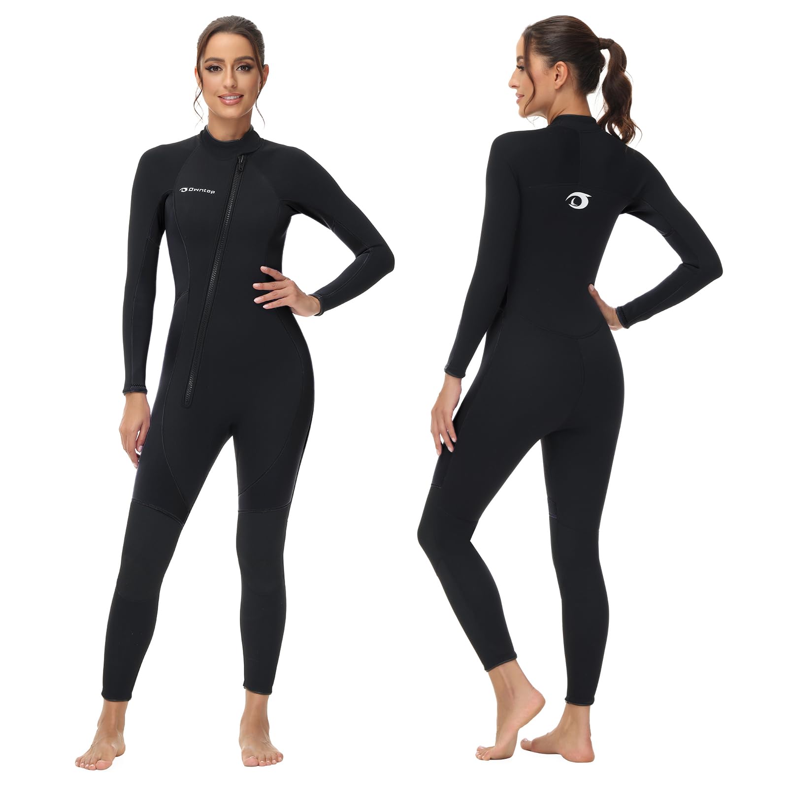 Owntop Womens Wetsuit 3mm - Front Zip Full Diving Suits, Stretch Pro Neoprene Wet Suit Thermal Full Length Dive Skin for Surfing Snorkeling, Women Black L