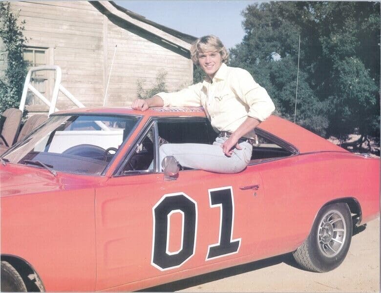 Photographs - Dukes of Hazzard John Scheider sits on General Lee vintage 8x10 inch photo