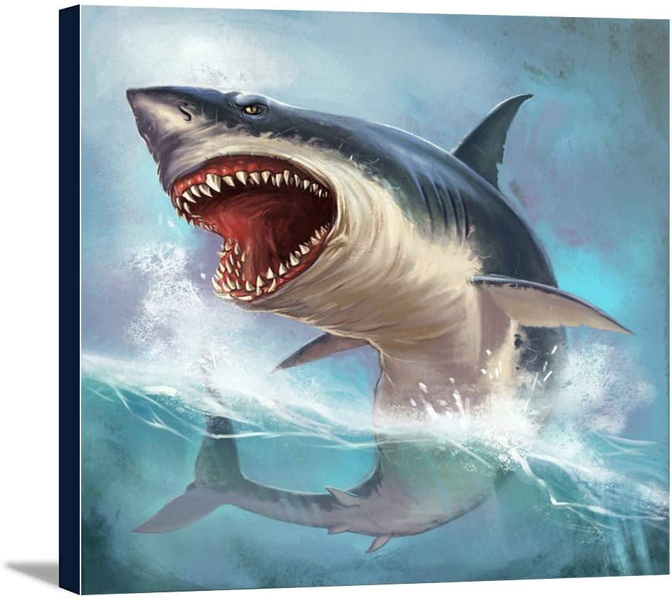 Illustration of Great White Shark Breaching & Attacking A-9004319 (15 1/8x16 Gallery Wrapped Stretched Canvas)