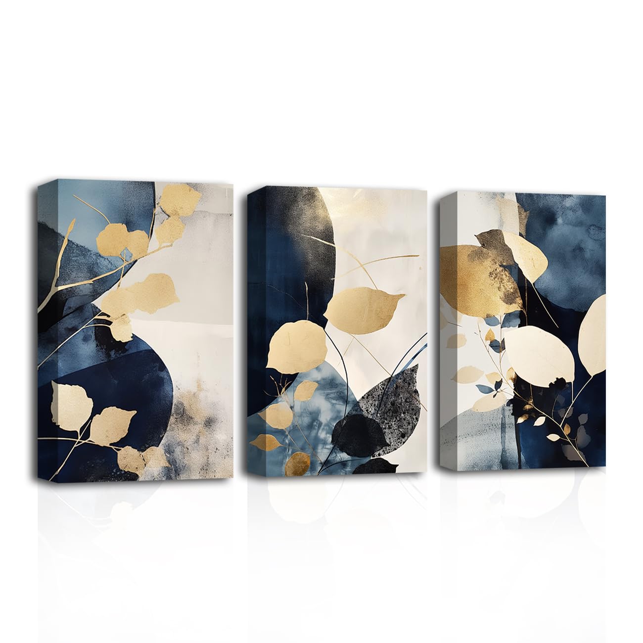 LZIMU Navy Blue and Gold Wall Decor 3 Piece Abstract Pictures Blue Beige and Gold Canvas Prints Gold Foil Leaf Painting for Home Decor Framed (Abstract-2, 11.00"x14.00"x3P)