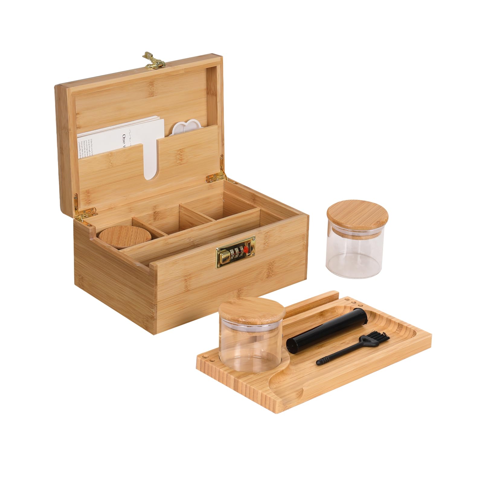 Photo 1 of *** CHECK COMMENTS***     ARTAWEIN Bamboo Storage Box - Multipurpose Decorative Organizer with Removable Tray, 3 Glass Jars, and Combination Lock | Natural & Stylish