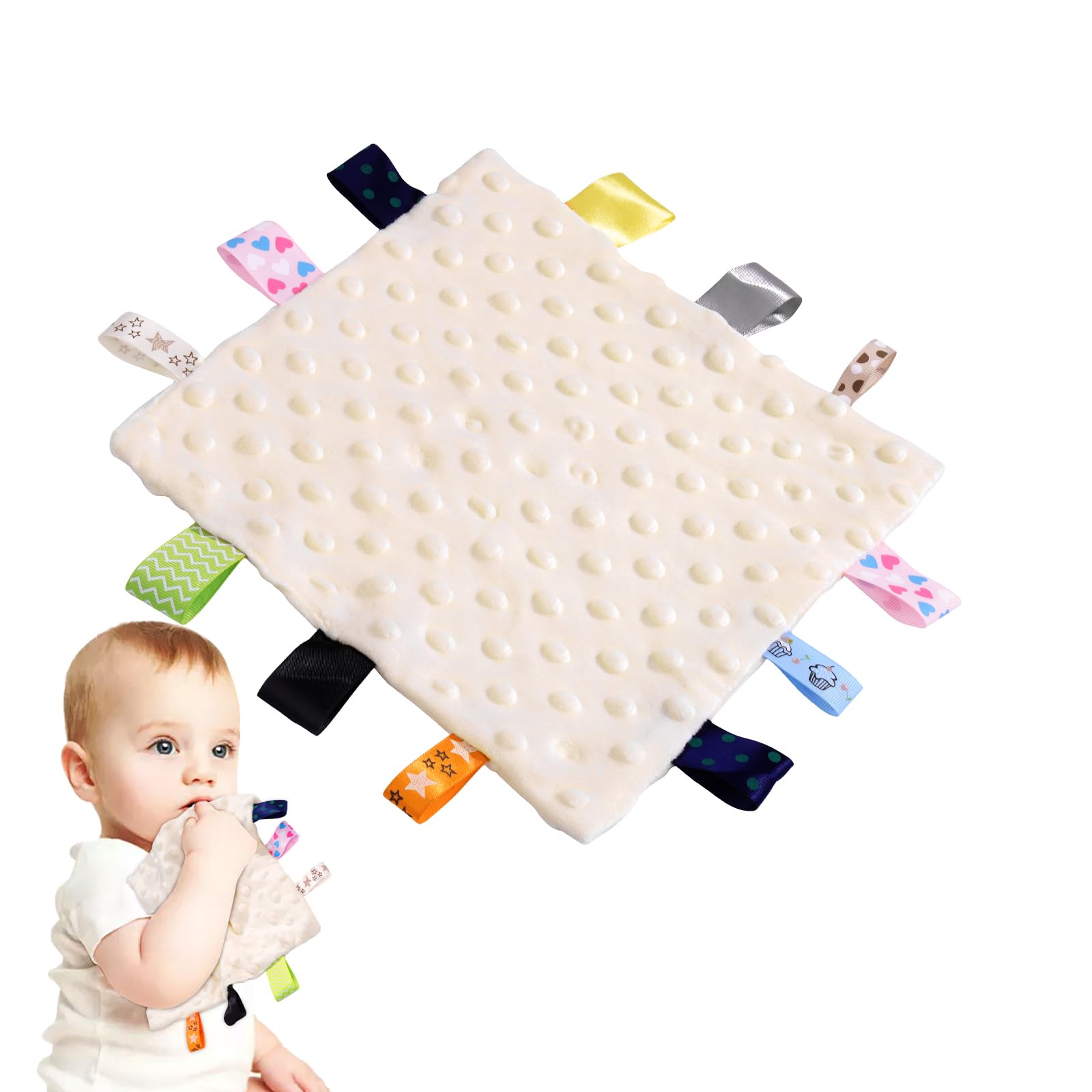 ORUZA Tag Comfort Blanket Baby, Baby Comforter with Colorful Taggies, Tag for Babies Soft Touch Comfort Blanket for Newborn Boys and Girls (Beige)