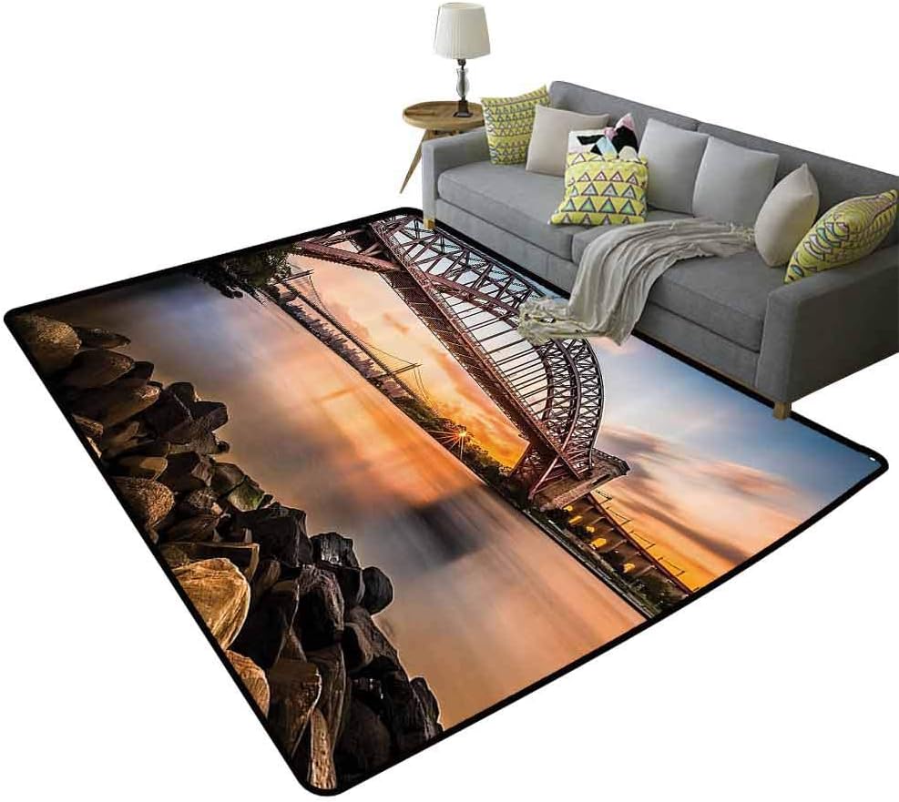 Apartment Decor Area Rugs for Living Room Sunset Evening View Picture of Hell Gate and Triboro Bridge Astoria Queens New York Daily use Brown Blue, 5'x 6'(150x180cm)