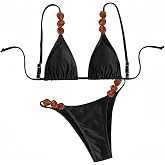 OYOANGLE Women's Beaded Triangle Thong String High Cut 2 Piece Bikini Set | High Cut Swimsuits Bathing Suits, Resort Pool Beach Yacht Summer Vacation