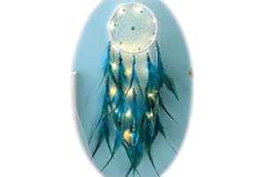 YRY Sweet Dreams Dream Catcher Teal, Handmade Cute LED Dream Catchers for Wall Window Bookshelf Hanging Decoration Blessing Gift with Tassel Ribbon Natural Feathers (GreenBlue - Secret Garden)