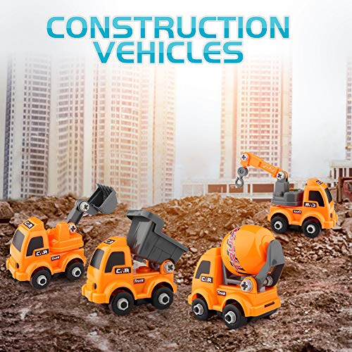 EpochAir Kids Construction Toys Set, 4 PCS Assembly Vehicles Boy Toys Construction Play Vehicles Trucks Car Toy, Including Excavator Crane Dumper Tank Truck for Kids Toddlers Children Boys and Girls