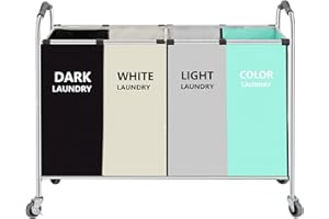 YUELAN Laundry Basket, Large Laundry Hamper with Wheels, 4 Section Laundry Bag for Dirty Clothes, Towel Organizer & Toys Storage Cart in Laundry Room Organization (4- section Green)