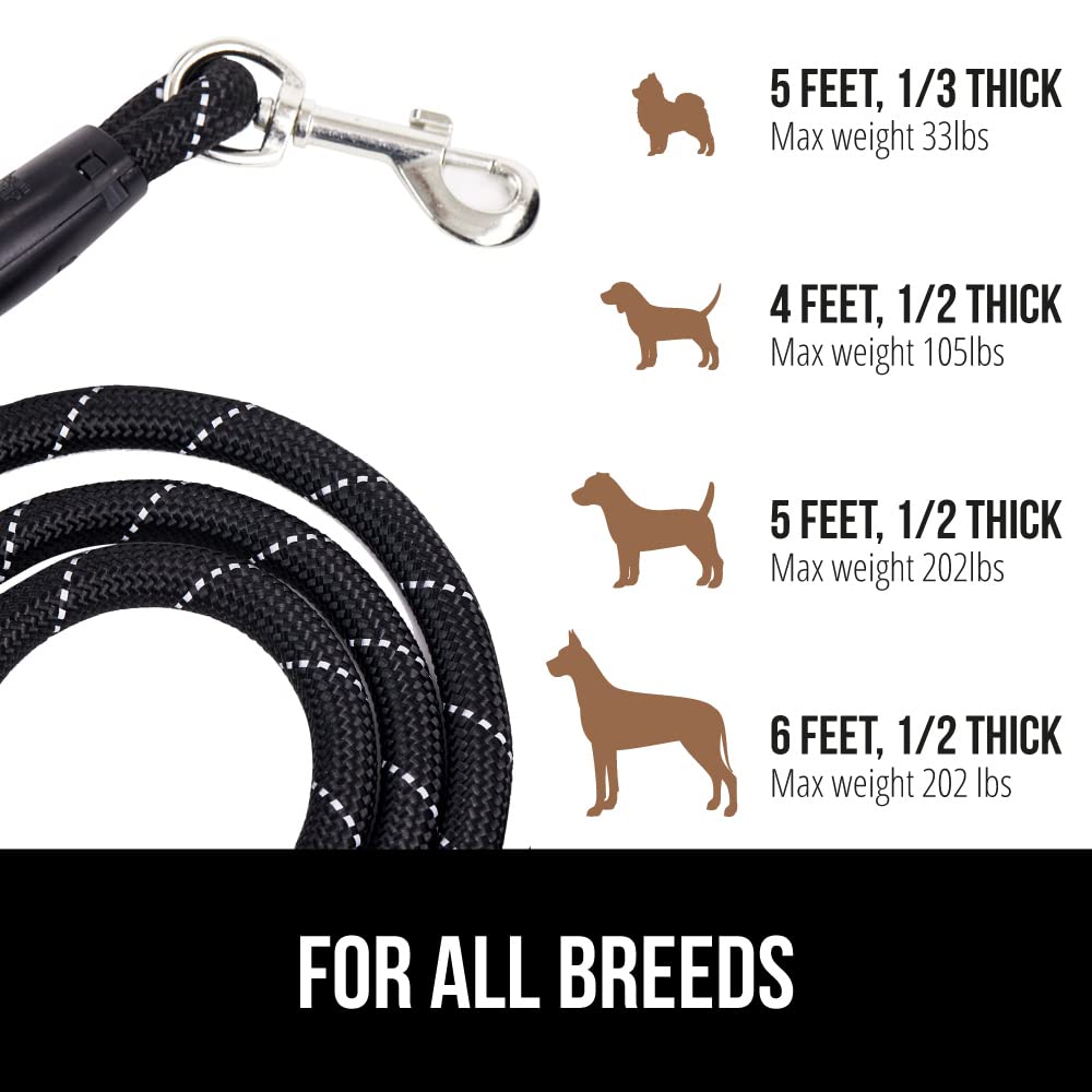 GORILLA GRIP Dog Leash, Heavy Duty Reflective Rope Leashes for Large, Medium, Small Breed Dogs, Puppy Training Essential for Walks, Hikes, Soft Handle, Rotating Metal Clip, Waste Bag Dispenser, Black