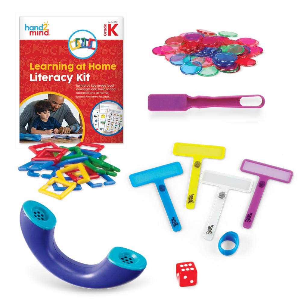 hand2mind Learning at Home Family Engagement Literacy Kit for Kindergarten, Reading Activity Book with Hands-On Manipulatives, Spanish Translations for Key Materials