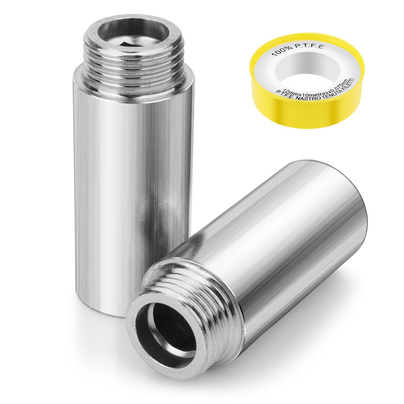 cobee Shower Head Extension Arm, 2Pcs Stainless Steel 50mm Length 1/2 G1 Male to 1/2 G1 Female Thread Reducer Coupling Straight Adapter Connector with Plumbers Duct Tape for Fixed Shower Head Piping