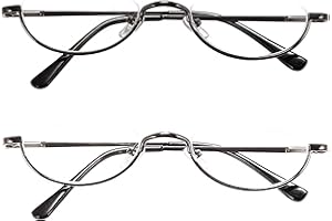 REAVEE 2 Pack Half Lens Reading Glasses Men Women Spring Hinge Metal Half Frame Readers Slim Half Moon Eyeglasses with Pouch,Black and Gun Grey 1.5