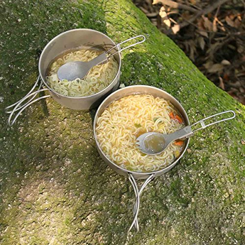 iBasingo Titanium Pot Pan Spoon Spork Mini Stove Sets Outdoor Camping Cooking Sets With Folding Handle Ultralight Portable Dinnerware Cookware Sets for Picnic Travel(5-piece sets) - Thumbnail 6