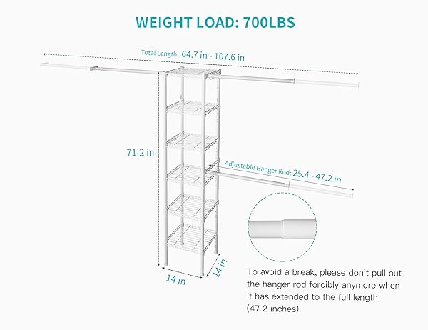 ULIF M1 CLOSET STORAGE ORGANIZER SYSTEM, 6 TIERS HEAVY DUTY METAL GARMENT RACK WITH 3 EXPANDABLE HANGER RODS, WALL MOUNTED SPACE SAVER SUITS FROM 5.4-8.7 FT. WIDTH, 71.2”H X 14”D, 700LBS, WHITE