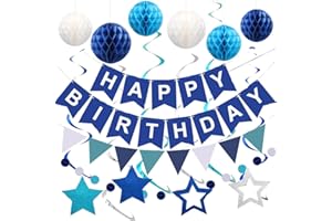 Buygain Blue Birthday Decorations, Happy Birthday Banner with Honeycomb Balls, Stars Hanging Swirl Streamers, Buntings Circle Dots Garland, Party Decorations for Women Men Boys Girls (Blue)