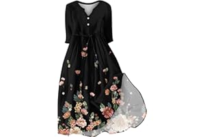 MGWTFZDL Womens Lace-Up Dresses A-Line 3/4 Sleeve V Neck Button Down Flowy Boho Dress Summer Vacation