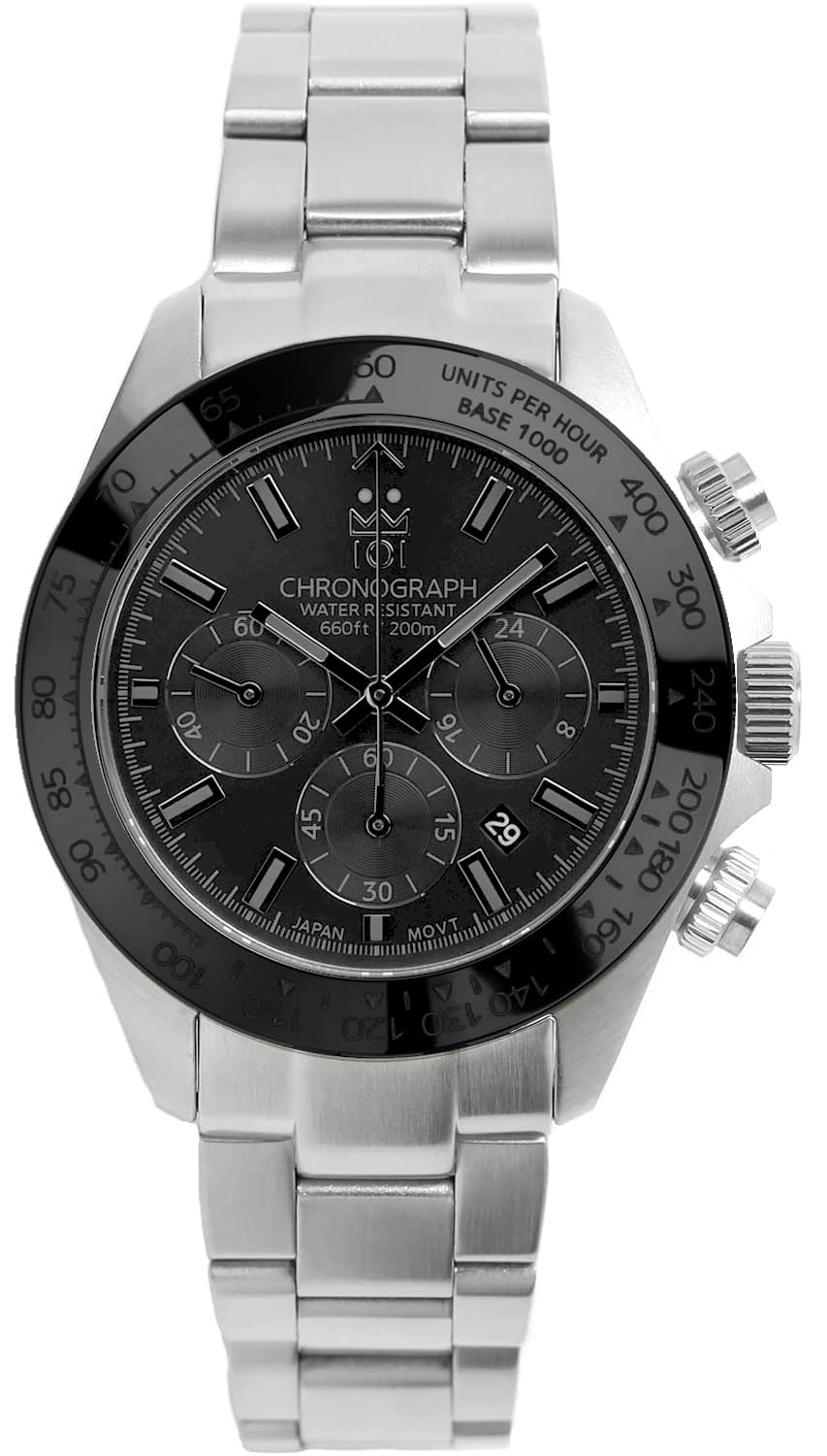 HYAKUICHI 101 Hyakuichi Diver's Chronograph Watch, Men's Watch, Water Resistant to 20 ATM, Date Quartz, Ceramic Bezel, Silver Bracelet x Full Black Face SBB, Silver, Bracelet Type