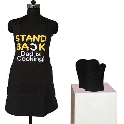 Lushomes Cotton Black Witty Dad is Cooking Apron Set (1 Apron & 2 Oven Mittens)