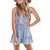 Valphsio Womens V Neck Beach Tank Rompers Flowy Ruffle Layered Shorts Jumpsuit High Waist