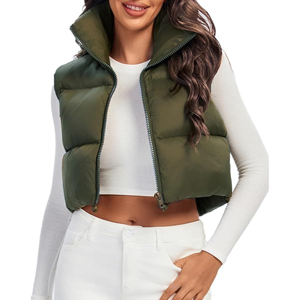 Womens Cropped Puffer Vest Stand Collar Zip Up Cropped