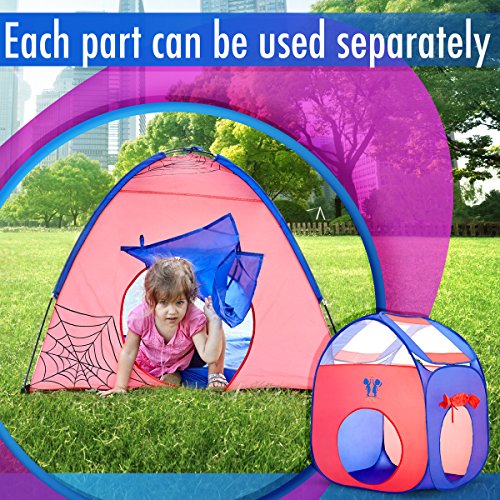 Unicorn Kids Play Tent with Tunnel - 3-in-1 Playhut Hours of Indoor Outdoor Fun Popup X-Large Ball Pit for Children Red and Blue