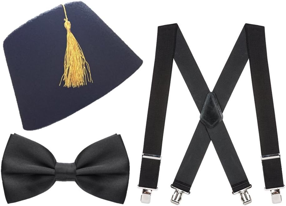 Stylex Fez Hat & Braces & Bow Tie Fancy Dress Accessory Space Traveller Doctor Black