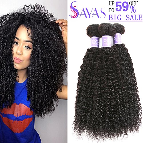 Sayas Hair Brazilian Curly Hair Weave 3 Bundles 24 26 28 inch Total 300g(10.5oz) Brazilian Virgin Kinky Curly Human Hair Weave 8A 100% Unprocessed Hair Weft Extensions Natural Black Color