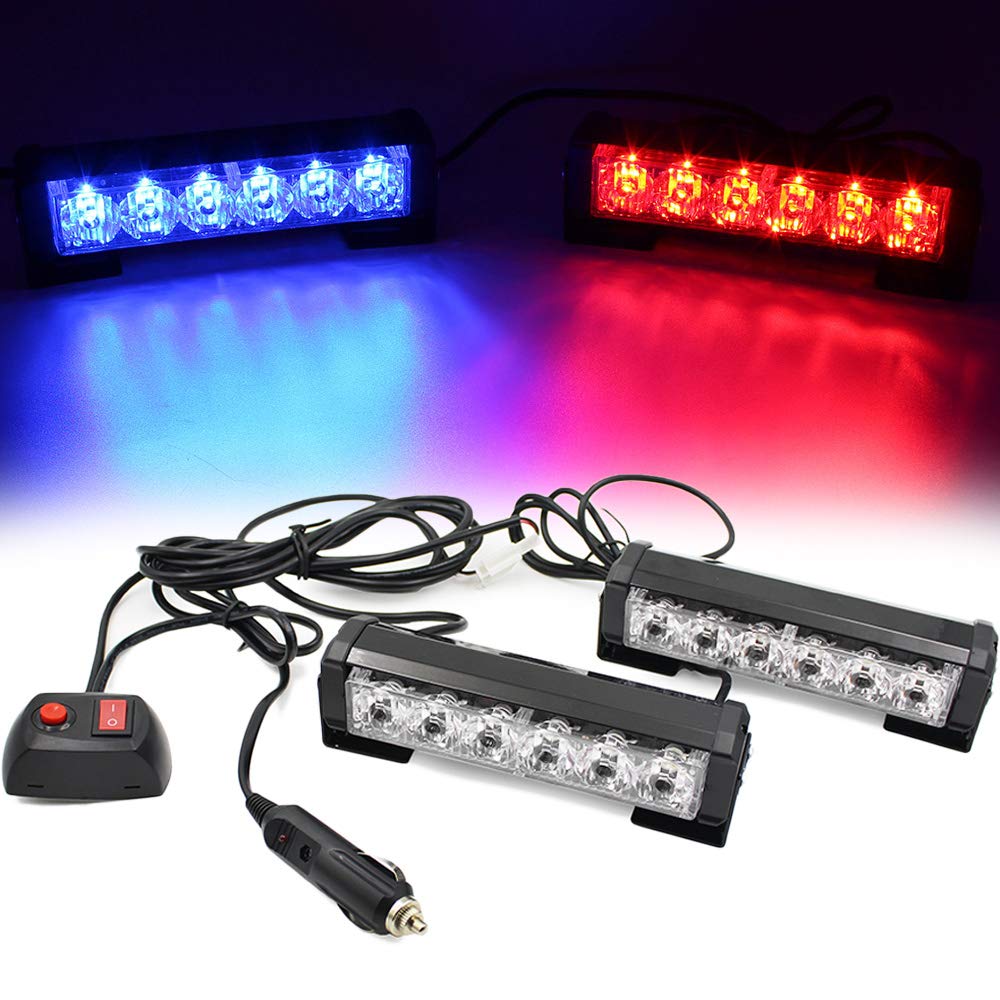 FOXCID 2 X 6 LED 9 Modes Traffic Advisor Emergency Warning Vehicle Strobe Lights for Interior Roof/Dash/Windshield/Grille/Deck Universal Waterproof (Red/Blue)