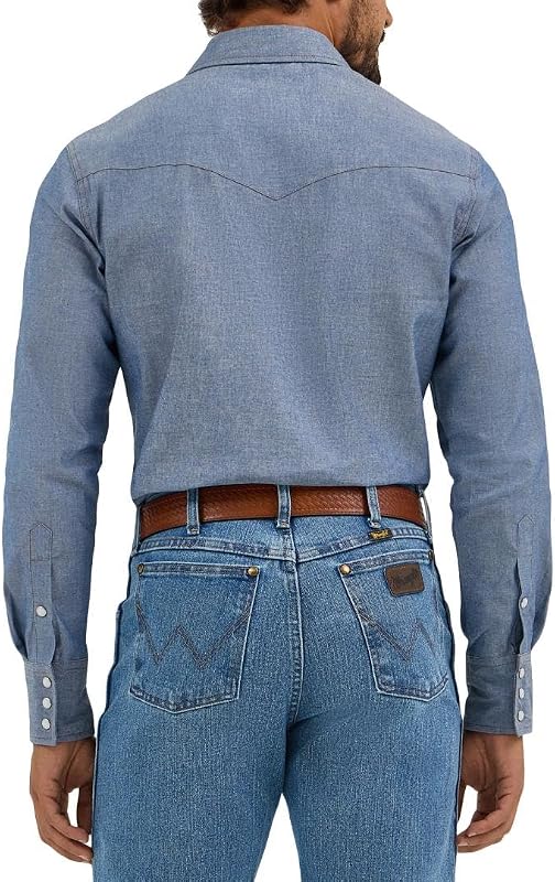 All Terrain Gear by Wrangler - Camisa de Trabajo de Manga Larga para Hombre, Corte Vaquero, Acabado Lavado, Denim Luz, 17.5 Inches Neck 37 Inches Sleeve