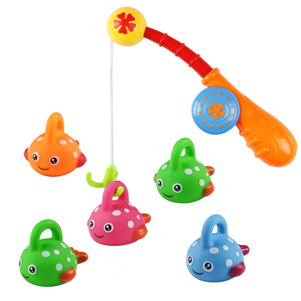 Nuheby Baby Bath Squeeze Toys Floating Fish Kids Fishing Pole Toddler Toys Baby Pool Float Bathtub Toy with 5 Cute Fishes for 18 Month Old