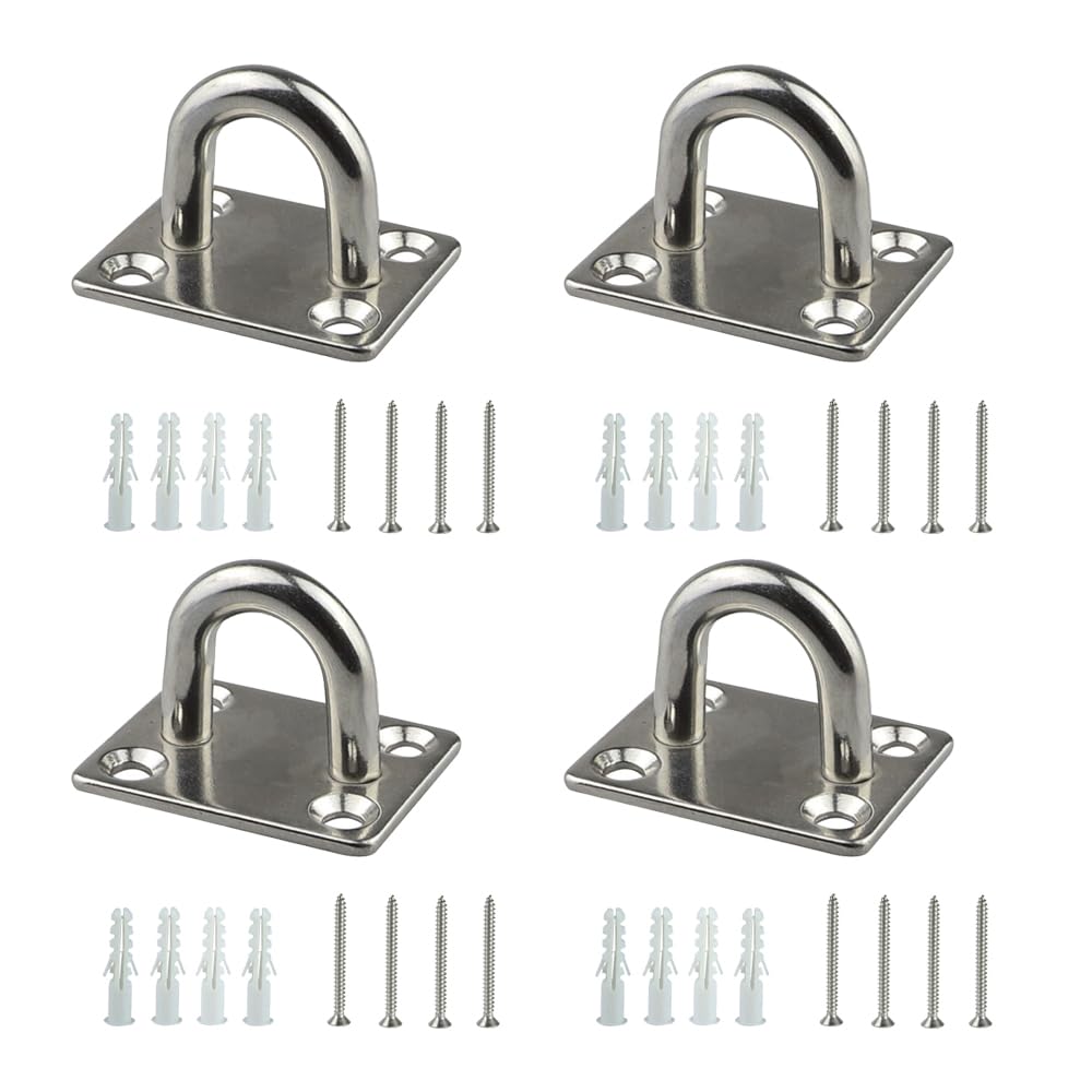 4 Sets Heavy Duty Pad Eye Plate M5 Stable Ring Hook with Screws Stainless Steel U-Shaped Wall/Ceiling Mount Hook Tie Rings for Horses Yoga Training Swings Hammock Hanging