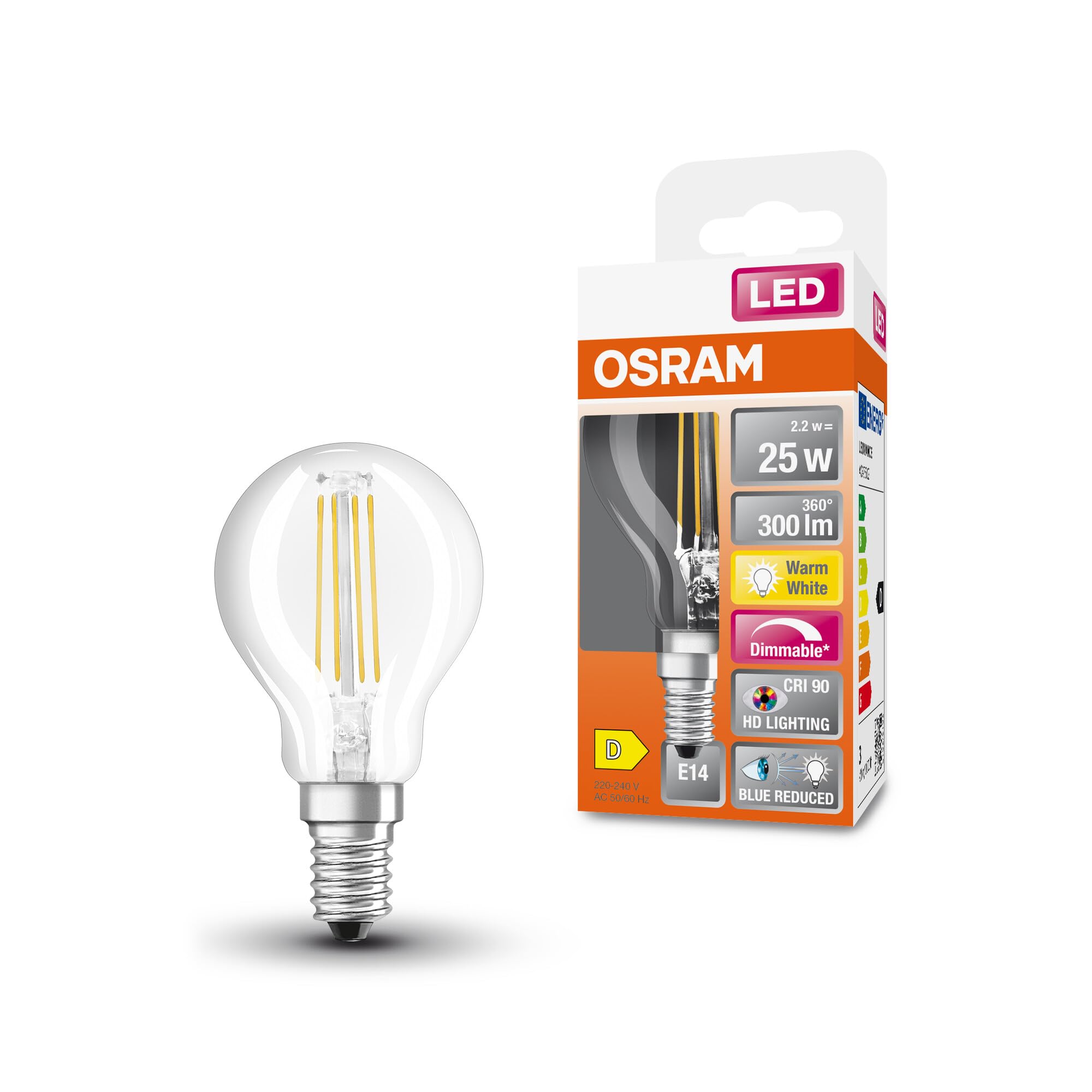OSRAM Superstar+ Classic P Fil 25 Led Lamp, E14, Mini Ball Shape, 2.2W, 300Lm, 2700K, Warm White Light, Reduced Blue Component, Low Eye Strain, Dimmable, Low Energy Consumption