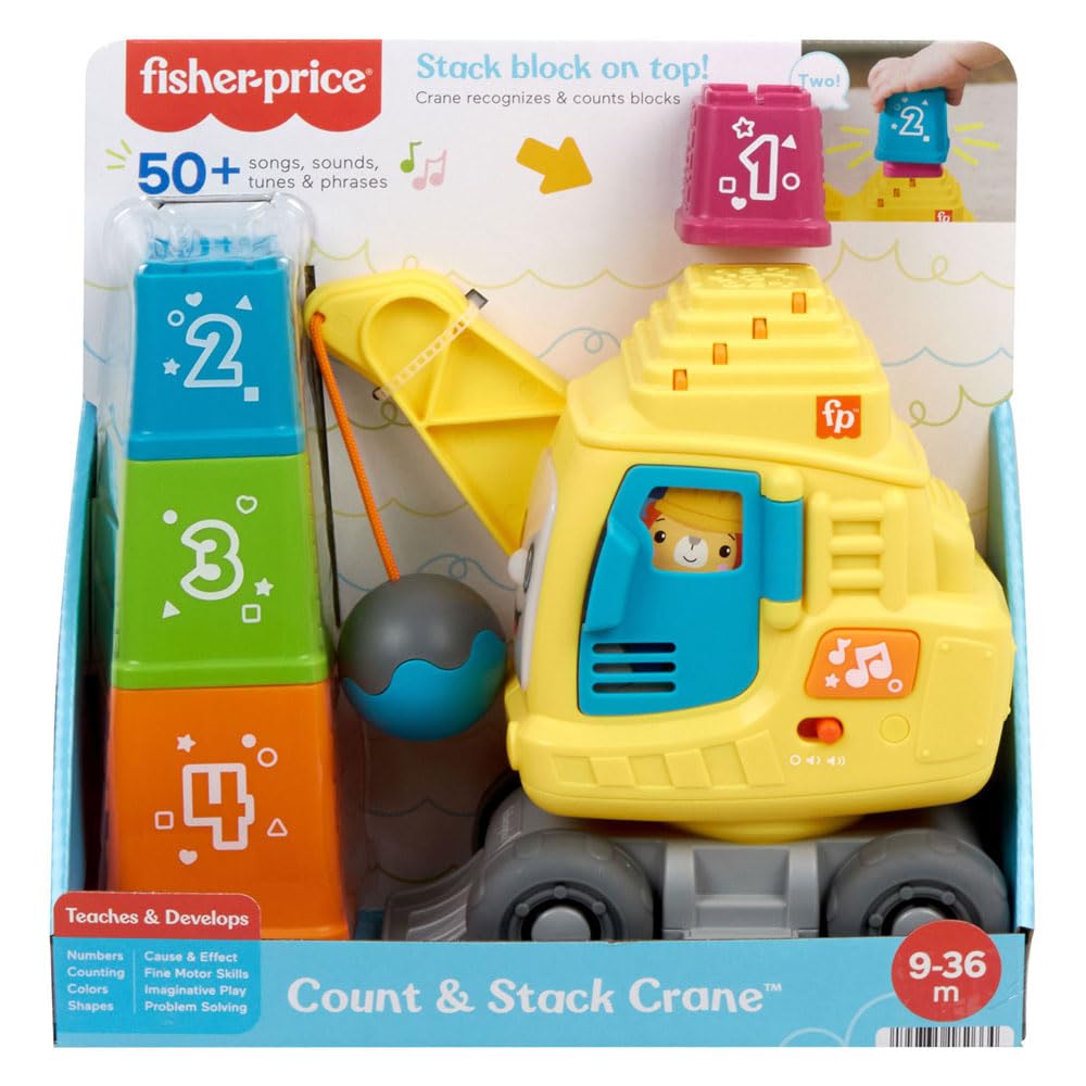 Fisher-Price Educational Toy for Babies and Toddlers, Counting & Stacking Crane with Blocks, Lights, Music and Sounds for Babies from 9 Months, Multilingual Version, HWY66