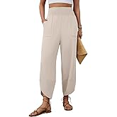 grewley Womens Linen Pants Wide Leg Palazzo Capri Barrel Harem Pants Casual High Waisted Trousers with Pockets Beach