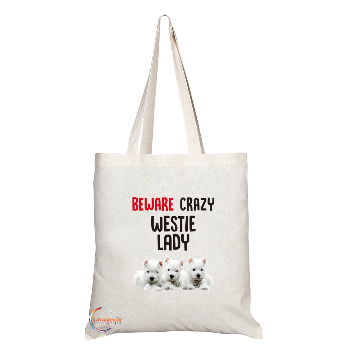 TB203 Beware Crazy Westie Lady Novelty Present Gift Printed Eco-Friendly Stylish Long Handled Tote Shoulder Bag