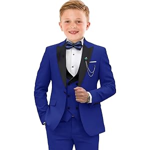 Trasign Boys 5 Piece Formal Suits for Kids Toddler Teens Tuxedo Suit Outfit | peak lapel blazer,lapel vest,dress pants,shirt