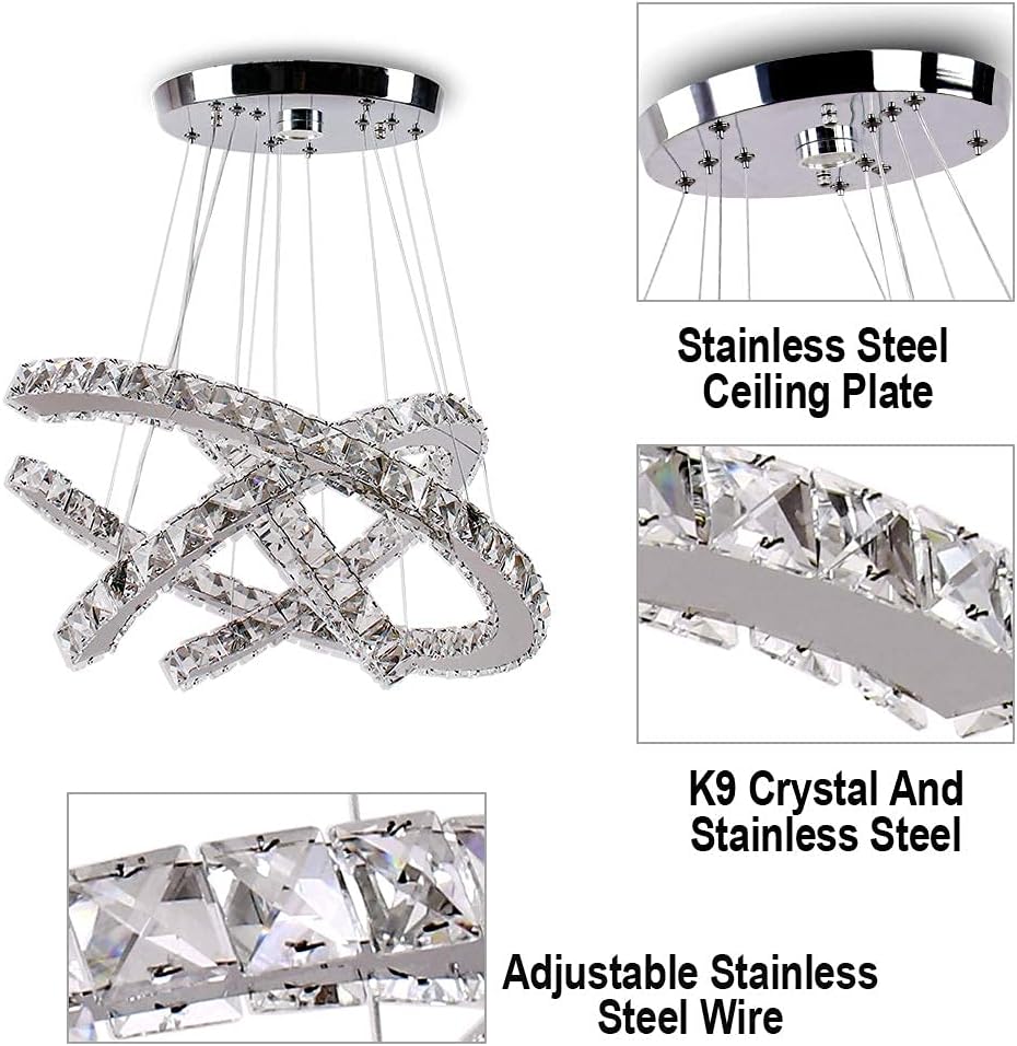 Generic Qihang Modern Crystal Chandeliers 3C LED Pendant Lamp Adjustable Stainless Steel Ceiling Lighting Bright Fixture for Living Room Dining Room Bedroom(Cool White): Home Improvement