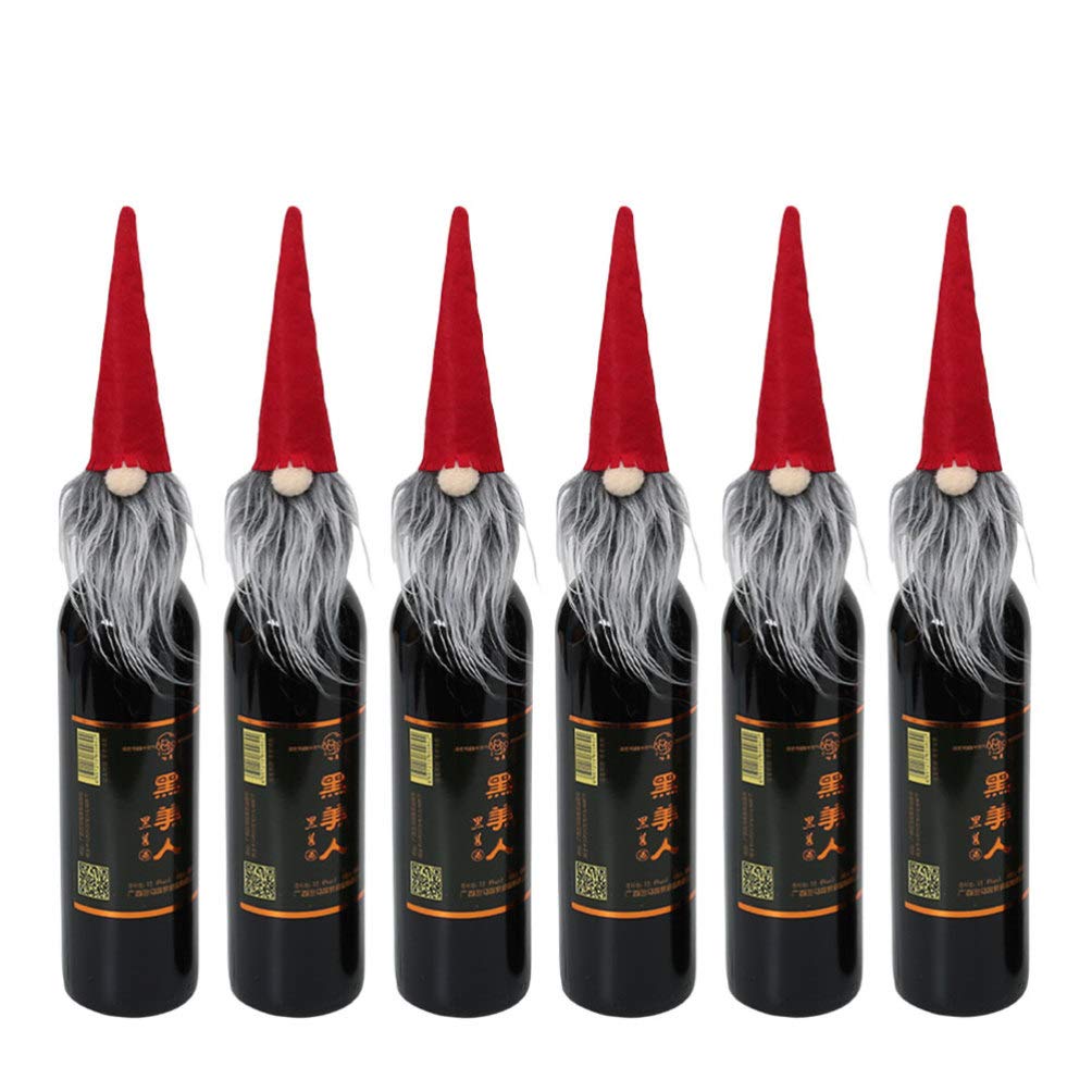 Amosfun 6pcs Christmas Wine Bottle Topper Covers Gnome Hat Wine Bottle Decorations Christmas Party Favors Gifts (red)