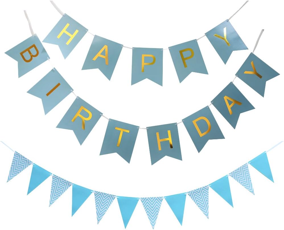 KUNGYO Happy Birthday Banner Birthday Party Decorations With Triangular Bunting Flag Garland (Blue), Blue,Gold,White